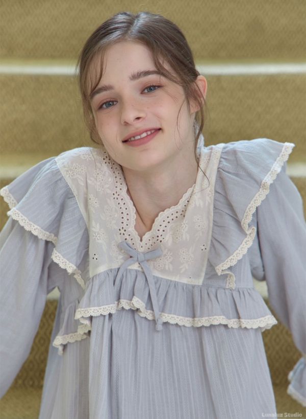 LUNALUZ 暮霧灰純棉蕾絲睡衣 