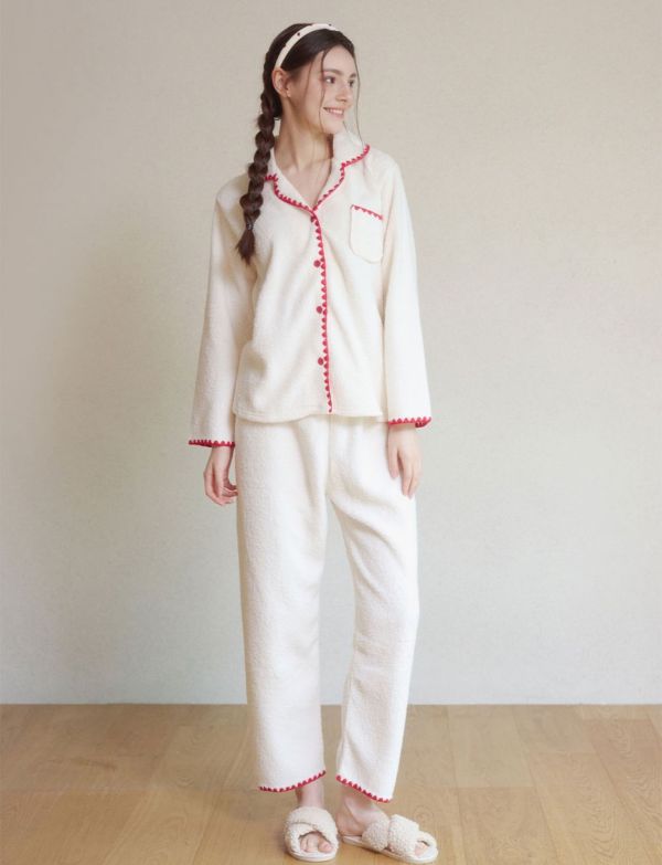 LUNALUZ 經典滾邊羊羔絨睡衣套裝｜9分褲設計 