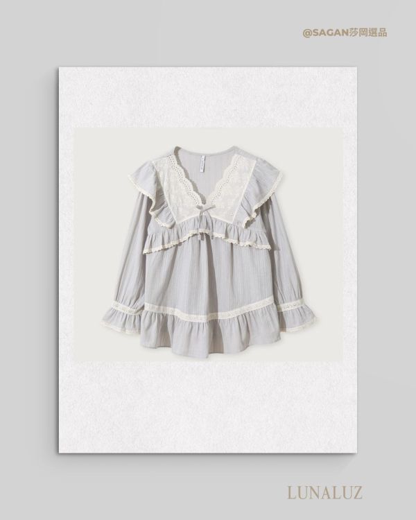 LUNALUZ 暮霧灰純棉蕾絲睡衣套裝 