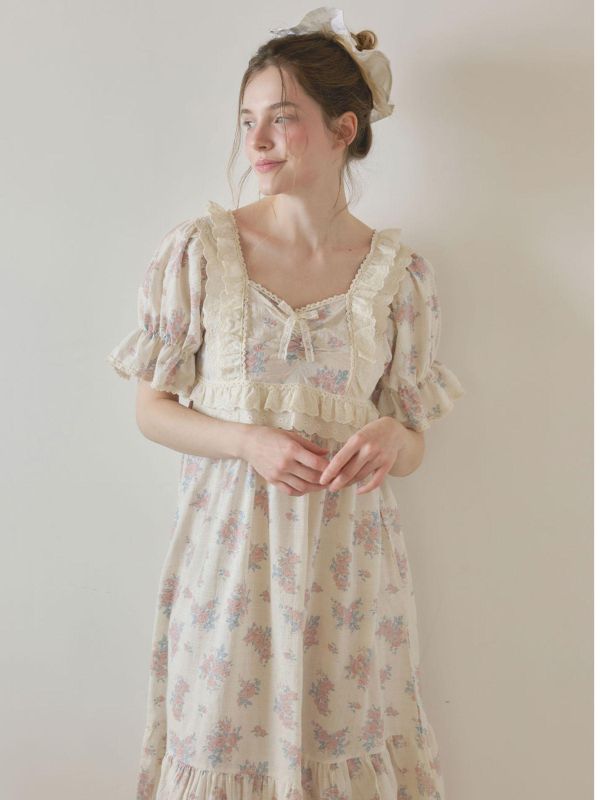 LUNALUZ 花園詩意睡衣洋裝｜霧感花卉　26S 