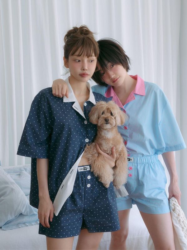 MMOM 藍色波點睡衣套裝｜100%純棉・限量系列 