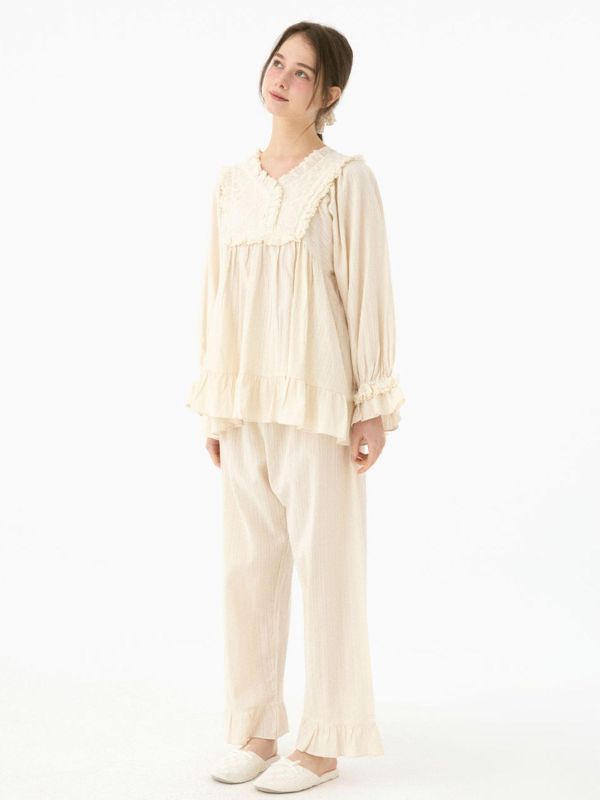 LUNALUZ  晨光呢喃 純棉蕾絲睡衣套裝 