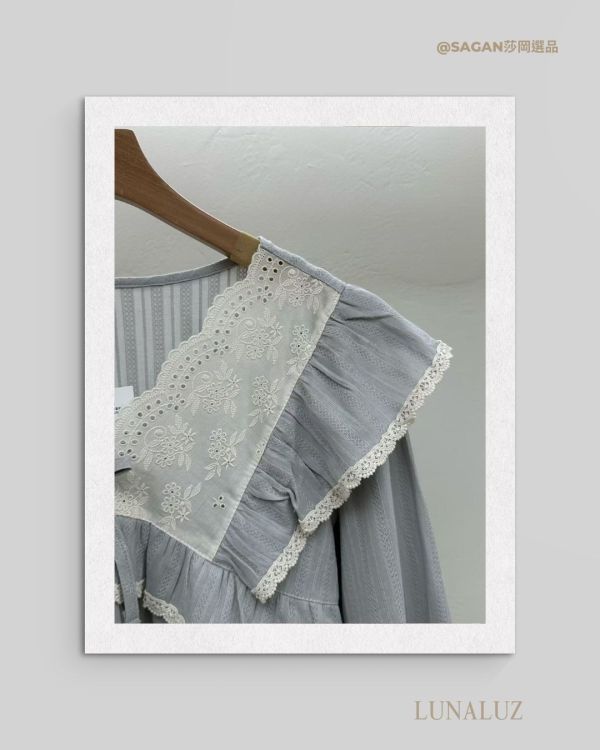 LUNALUZ 暮霧灰純棉蕾絲睡衣套裝 