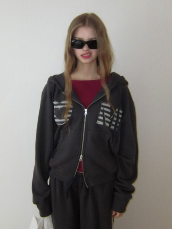 MMOM Cozy Heart 拼接連帽家居服外套｜石墨炭 