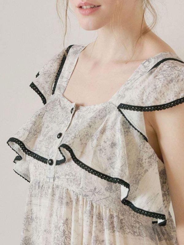 LUNALUZ 朱依紋睡衣洋裝｜黑邊荷葉設計・灰調 26S 