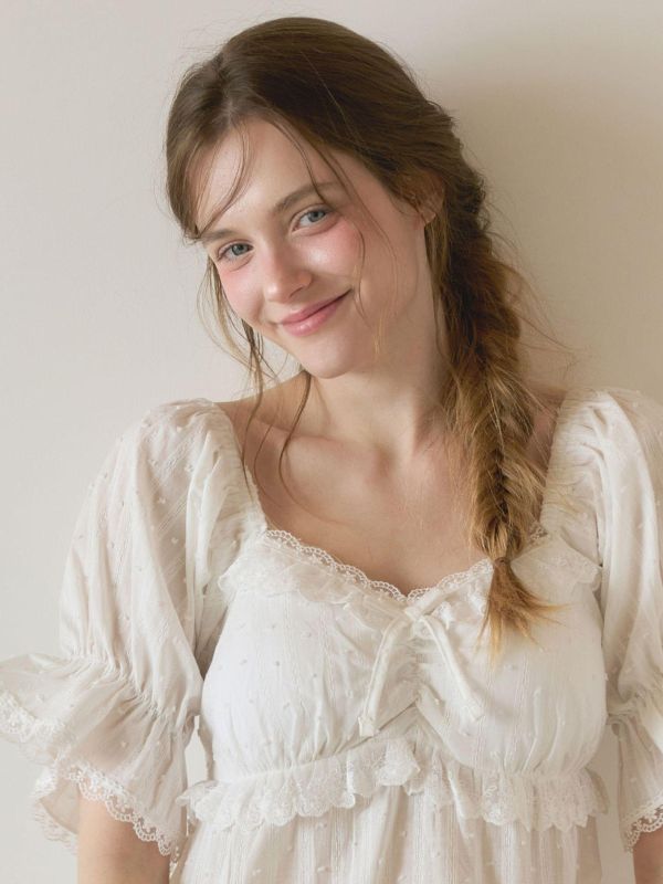 LUNALUZ 立體織紋蕾絲睡衣洋裝｜內襯Bra・純淨白 26S 