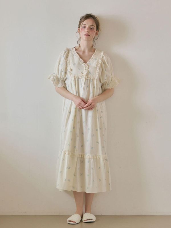 LUNALUZ 靜謐棉感 奶霧白睡衣洋裝｜版型寬鬆　26S 