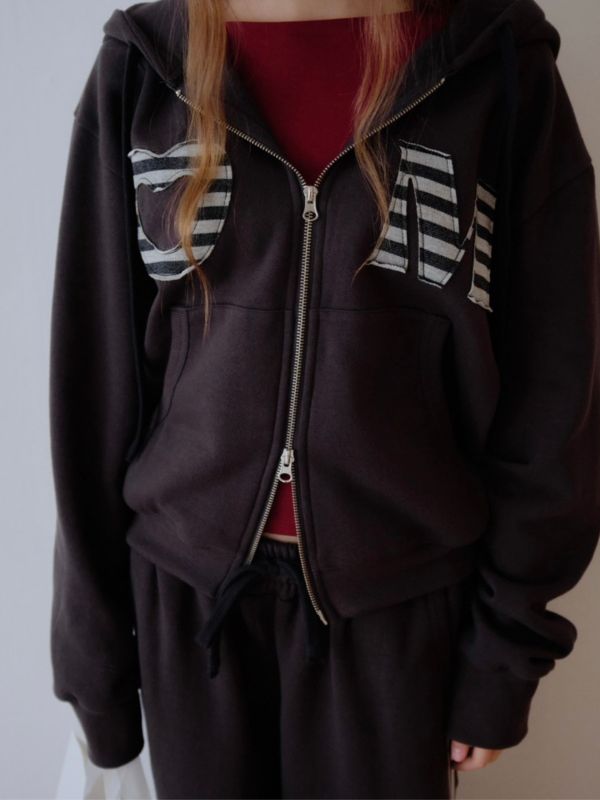 MMOM Cozy Heart 拼接連帽家居服外套｜石墨炭 