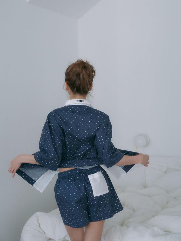 MMOM 深藍波點睡衣套裝｜100%純棉・限量系列 