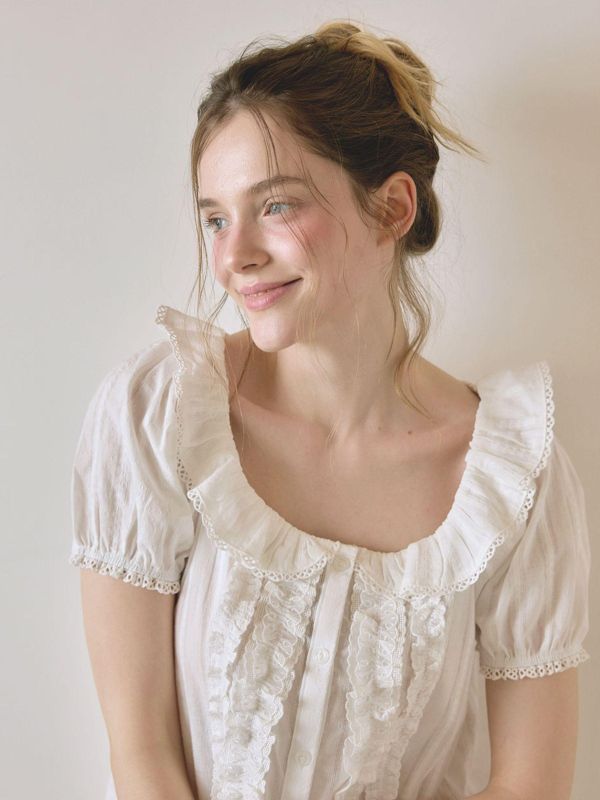 LUNALUZ 立體織紋荷葉領睡衣套裝｜純淨白　26S 