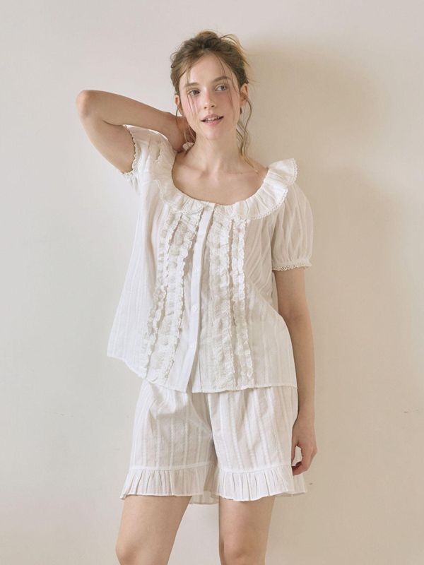 LUNALUZ 立體織紋荷葉領睡衣套裝｜純淨白　26S 