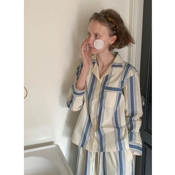 韓國藍色時光條紋睡衣套裝｜午夜巴黎系列 