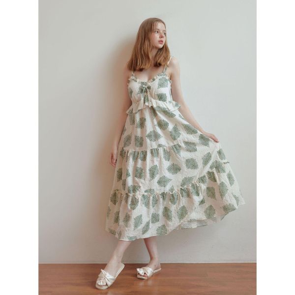 LUNALUZ  夏日度假睡衣洋裝｜奶油綠影 內襯Bra 