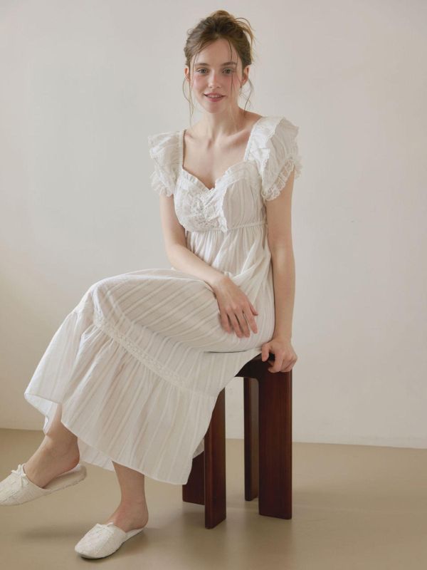 LUNALUZ 古典刺繡織紋 睡衣洋裝｜純淨白　26S 