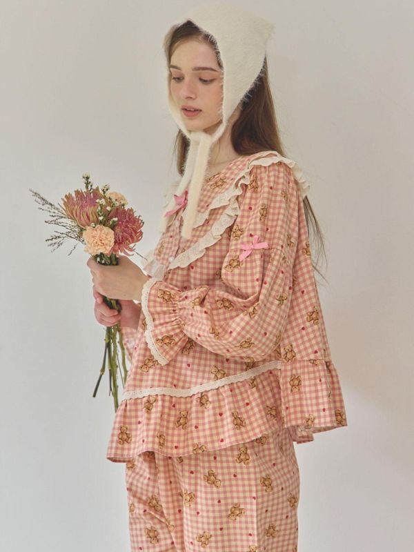 LUNALUZ  粉格熊語蕾絲睡衣套裝 