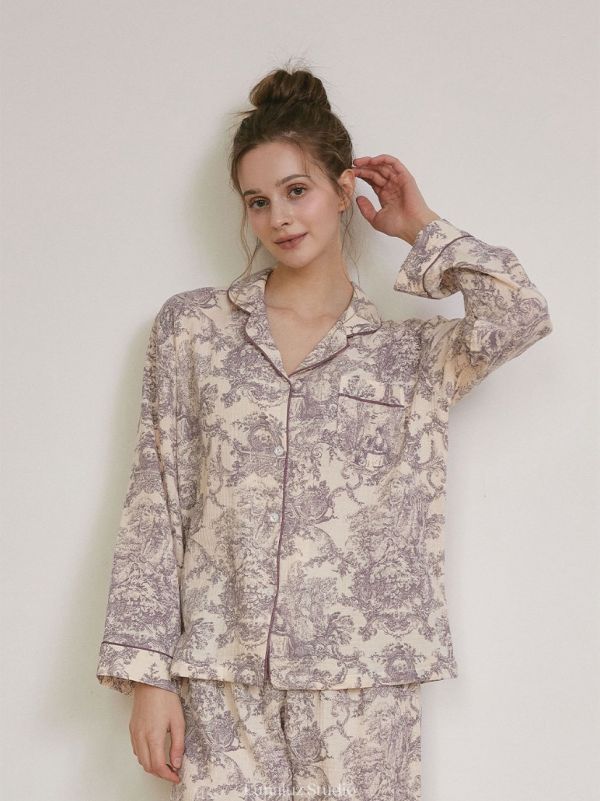 LUNALUZ 韓國雙層紗棉復古浮世畫印花睡衣 