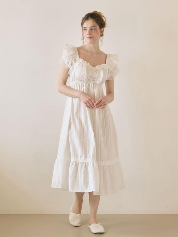 LUNALUZ 古典刺繡織紋 睡衣洋裝｜純淨白　26S 