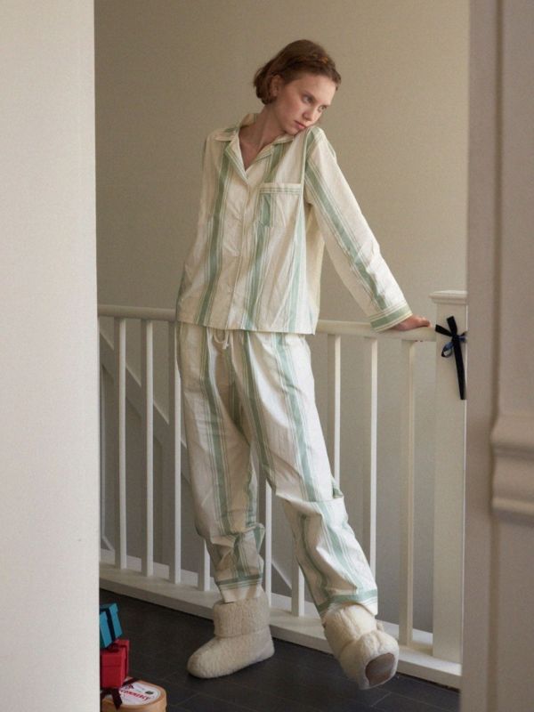 VIVIHOME 韓國橄欖色條紋睡衣套裝｜午夜巴黎系列 