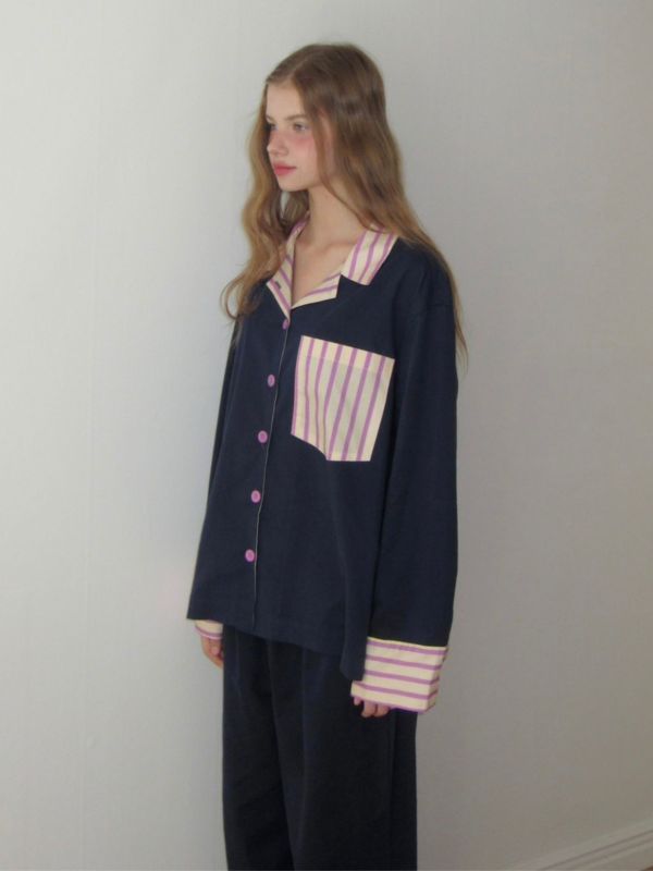 韓國 色塊設計睡衣套裝｜NAVY 