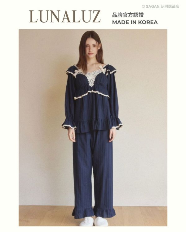 LUNALUZ 午夜海藍刺繡蕾絲睡衣套裝｜內襯Bra設計 