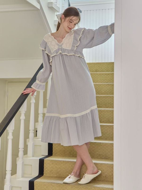 LUNALUZ 暮霧灰純棉蕾絲睡衣 