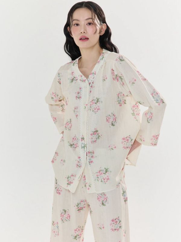 BALCONY 柔軟親膚雙層棉紗長袖睡裙 米色 