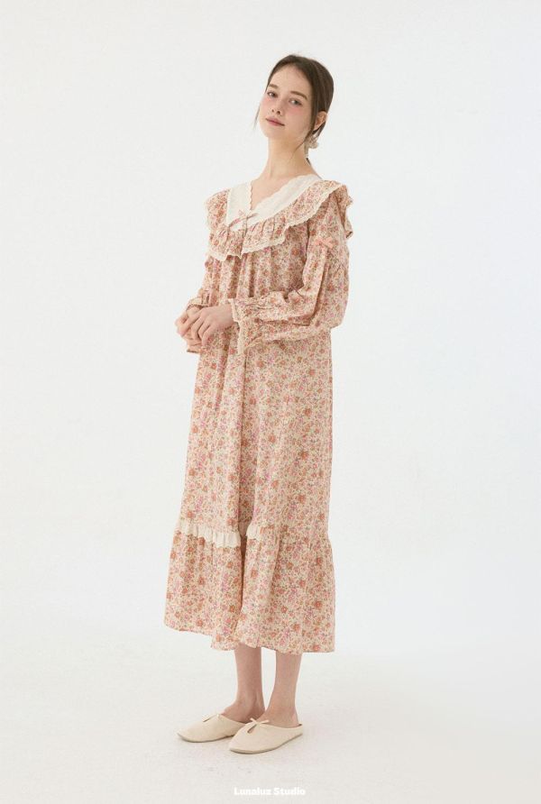 LUNALUZ V 領蕾絲睡衣洋裝｜花園印花 