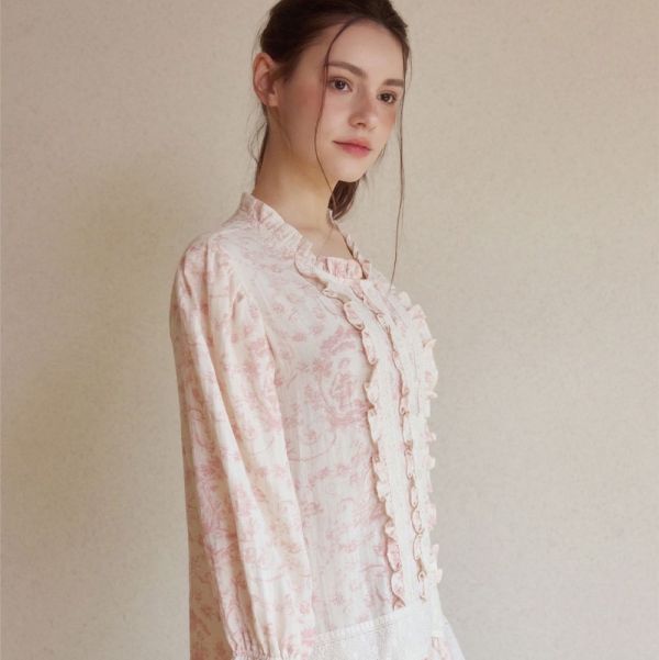 LUNALUZ 韓國粉紅朱依紋印花棉質蕾絲睡衣洋裝 