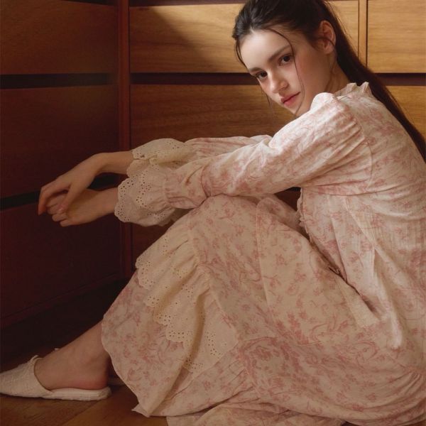 LUNALUZ 韓國粉紅朱依紋印花棉質蕾絲睡衣洋裝 