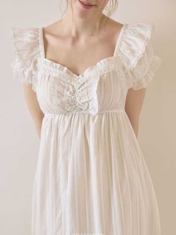 LUNALUZ 古典刺繡織紋 睡衣洋裝｜純淨白　26S 