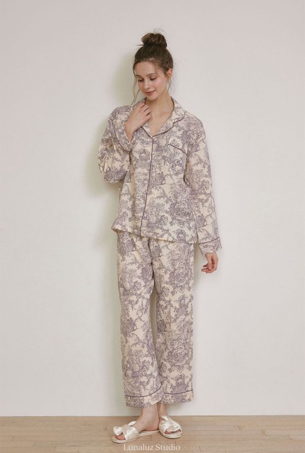 LUNALUZ 韓國雙層紗棉復古浮世畫印花睡衣 