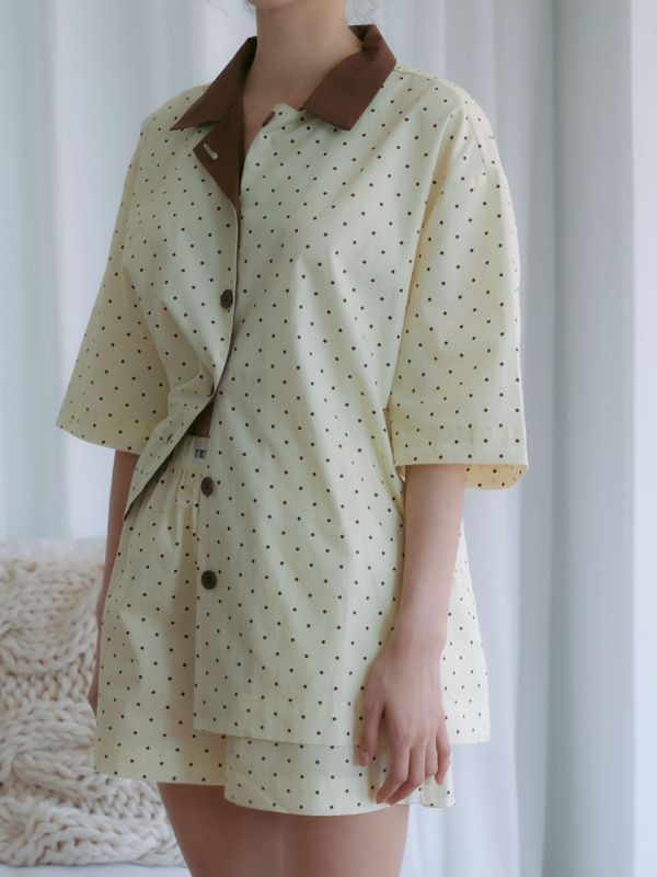 MMOM 淺黃波點睡衣套裝｜100%純棉・限量系列 