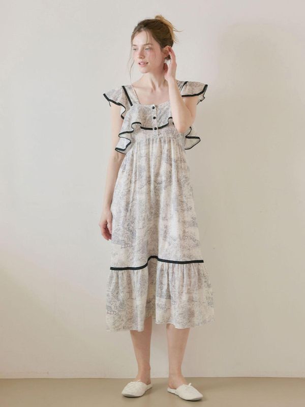 LUNALUZ 朱依紋睡衣洋裝｜黑邊荷葉設計・灰調 26S 