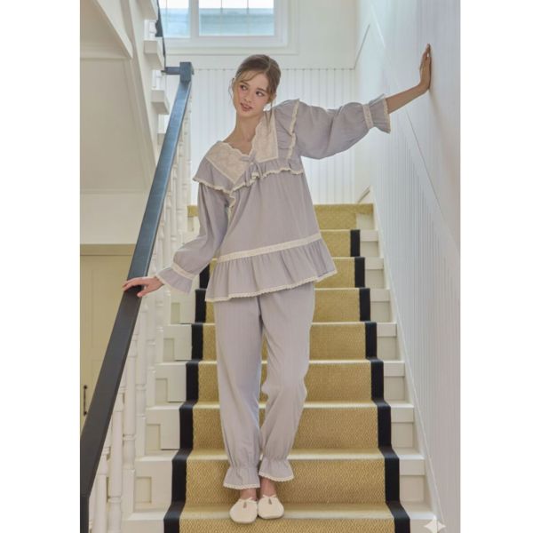 LUNALUZ 暮霧灰純棉蕾絲睡衣套裝 