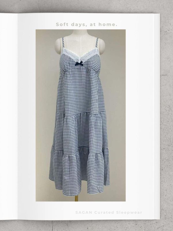 LUNALUZ 藍白格紋 睡衣洋裝｜內襯Bra（附可調式肩帶） 