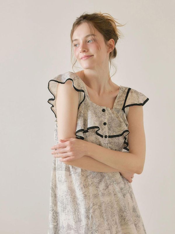 LUNALUZ 朱依紋睡衣洋裝｜黑邊荷葉設計・灰調 26S 