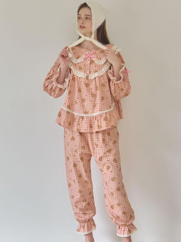 LUNALUZ  粉格熊語蕾絲睡衣套裝 