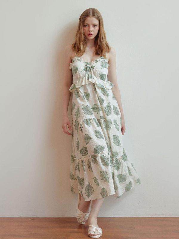 LUNALUZ  夏日度假睡衣洋裝｜奶油綠影 內襯Bra 