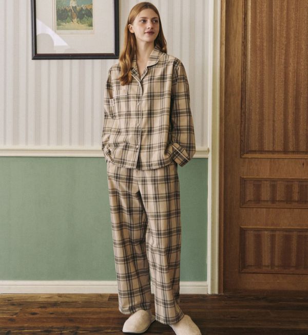 ULLALA 女款米棕格紋睡衣套裝 
