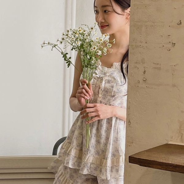 LUNALUZ 藍玫瑰印花蕾絲睡衣套裝｜夏日推薦．薄棉涼感 