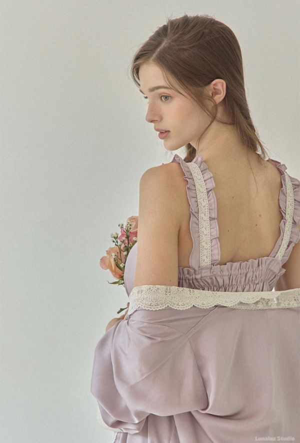 LUNALUZ  女式薰衣草絲綢沙田吊帶袍套裝 