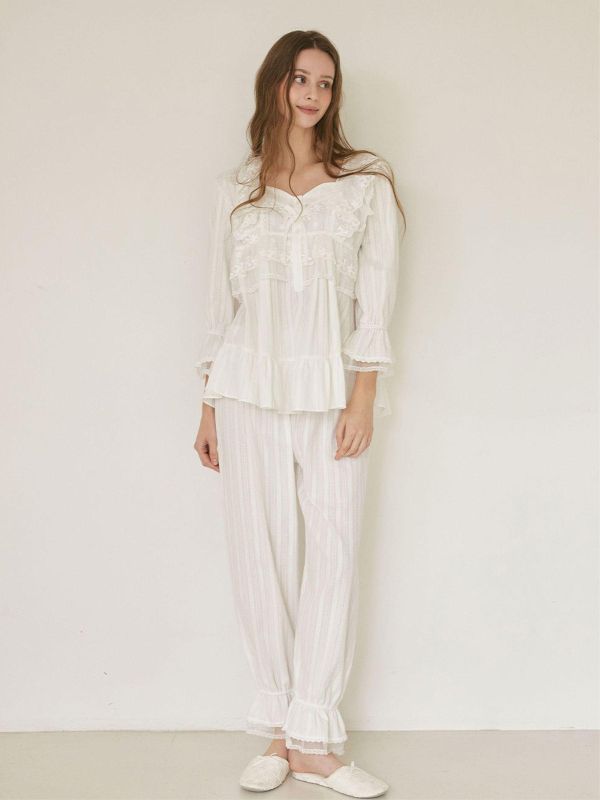 LUNALUZ 奢華蕾絲純棉睡衣套裝 