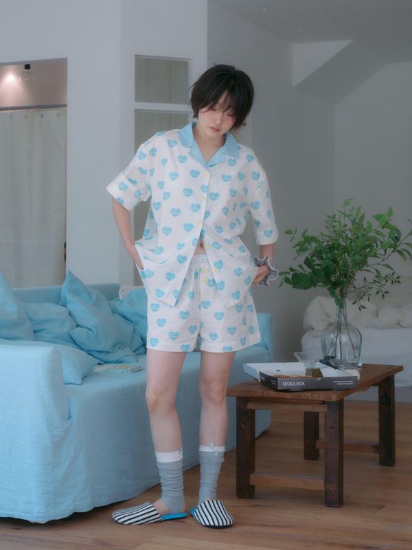 MMOM 天藍愛心睡衣套裝｜100%純棉・限量系列 