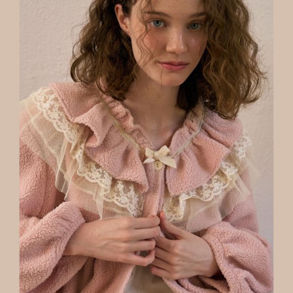 ULLALA 夢幻霧粉蕾絲珊瑚絨睡袍 