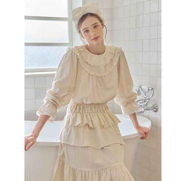 LUNALUZ 米白小夜曲蕾絲睡衣洋裝 