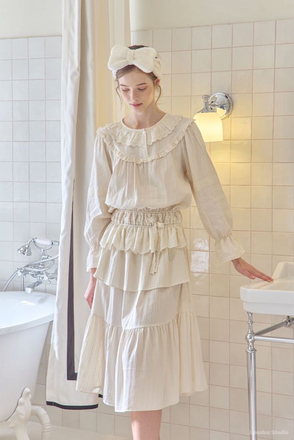 LUNALUZ 米白小夜曲蕾絲睡衣洋裝 