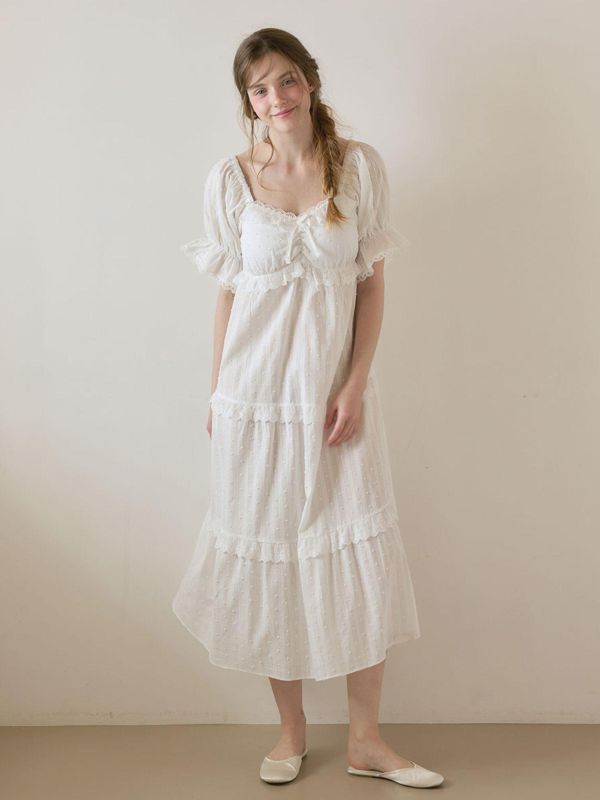 LUNALUZ 立體織紋蕾絲睡衣洋裝｜內襯Bra・純淨白 26S 