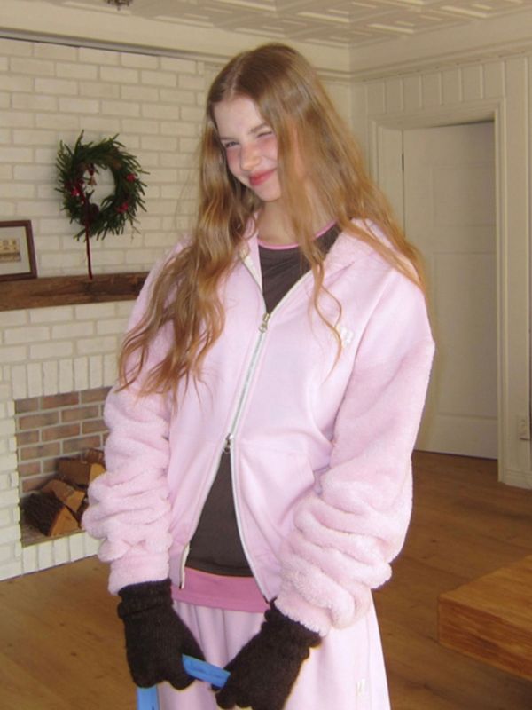 MMOM 拼接連帽家居服外套｜奶霧粉 