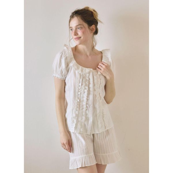 LUNALUZ 立體織紋荷葉領睡衣套裝｜純淨白　26S 