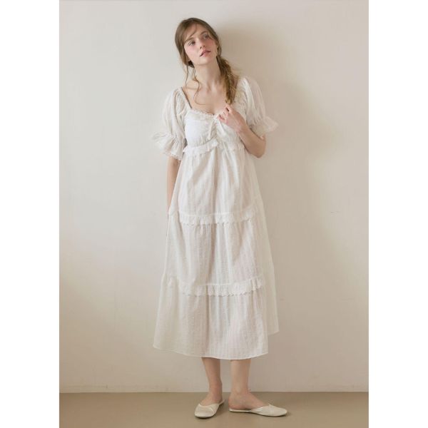 LUNALUZ 立體織紋蕾絲睡衣洋裝｜內襯Bra・純淨白 26S 